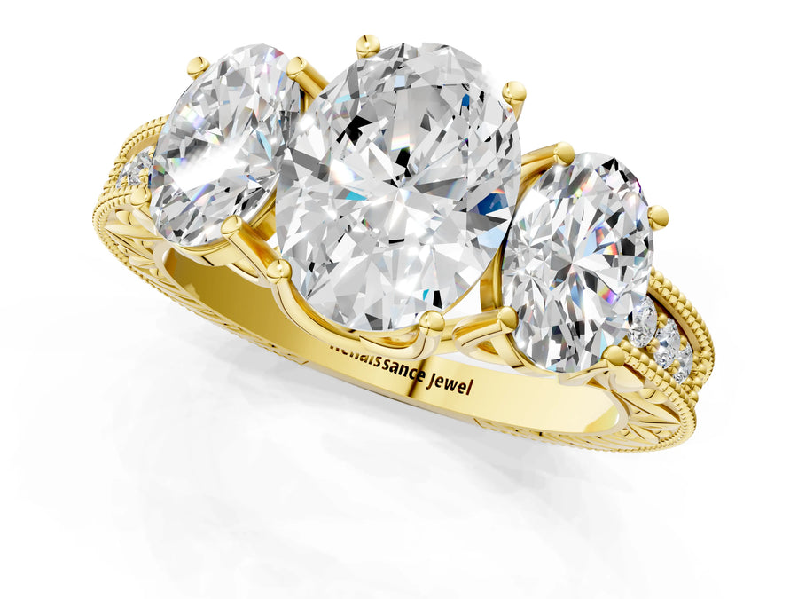 Yellow gold Three-Stone Oval Cut Cut Milgrain Pavé Engagement Ring