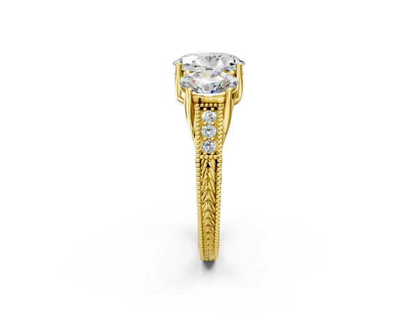 Yellow gold Three-Stone Oval Cut Cut Milgrain Pavé Engagement Ring
