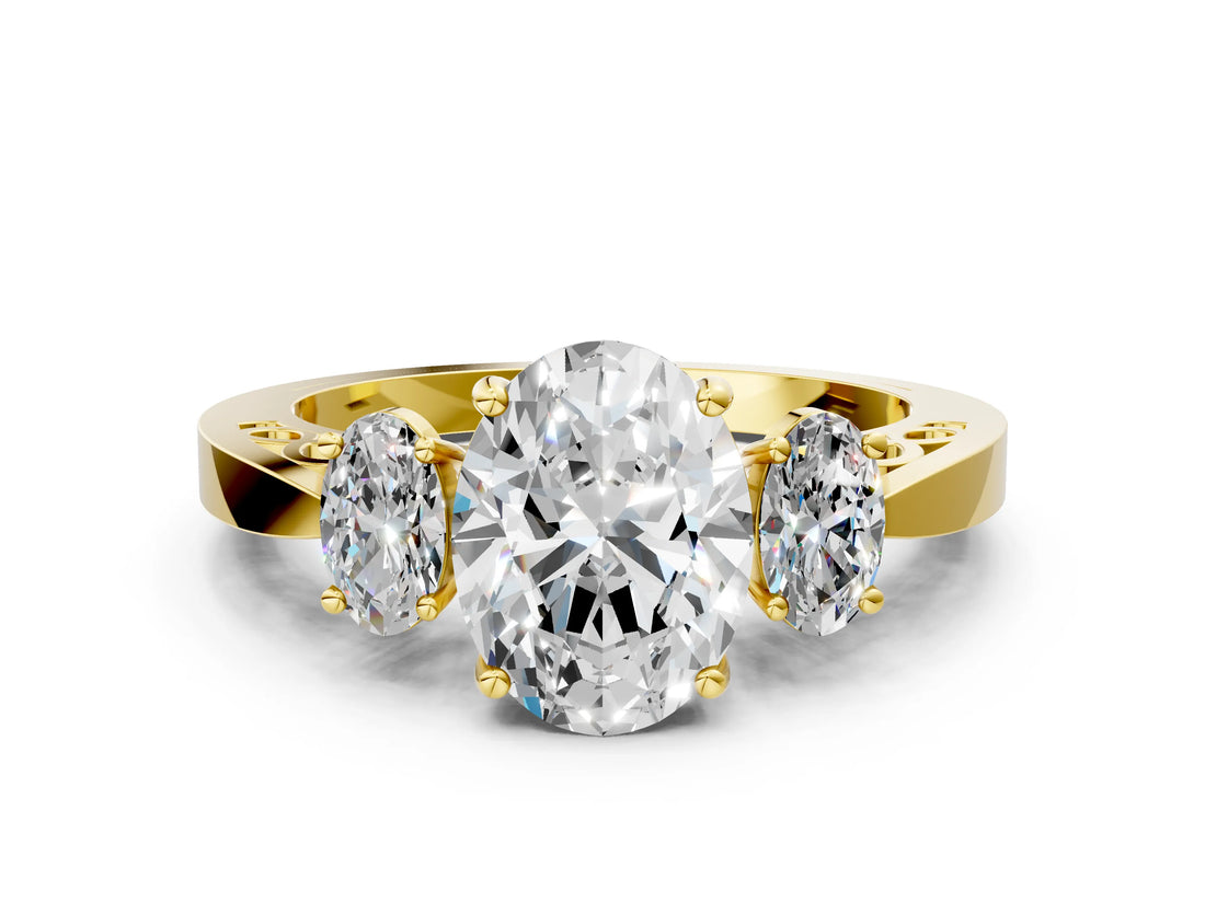 Yellow gold Three-Stone Oval Cut Diamond Cathedral Engagement Ring with Prong Setting_6