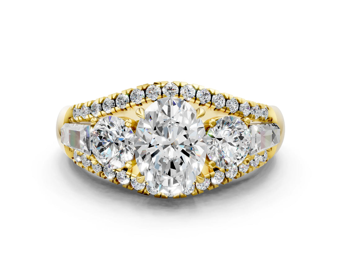 Yellow gold Three-Stone Oval Cut Diamond Engagement Ring with Pave Band and Prong Setting_2