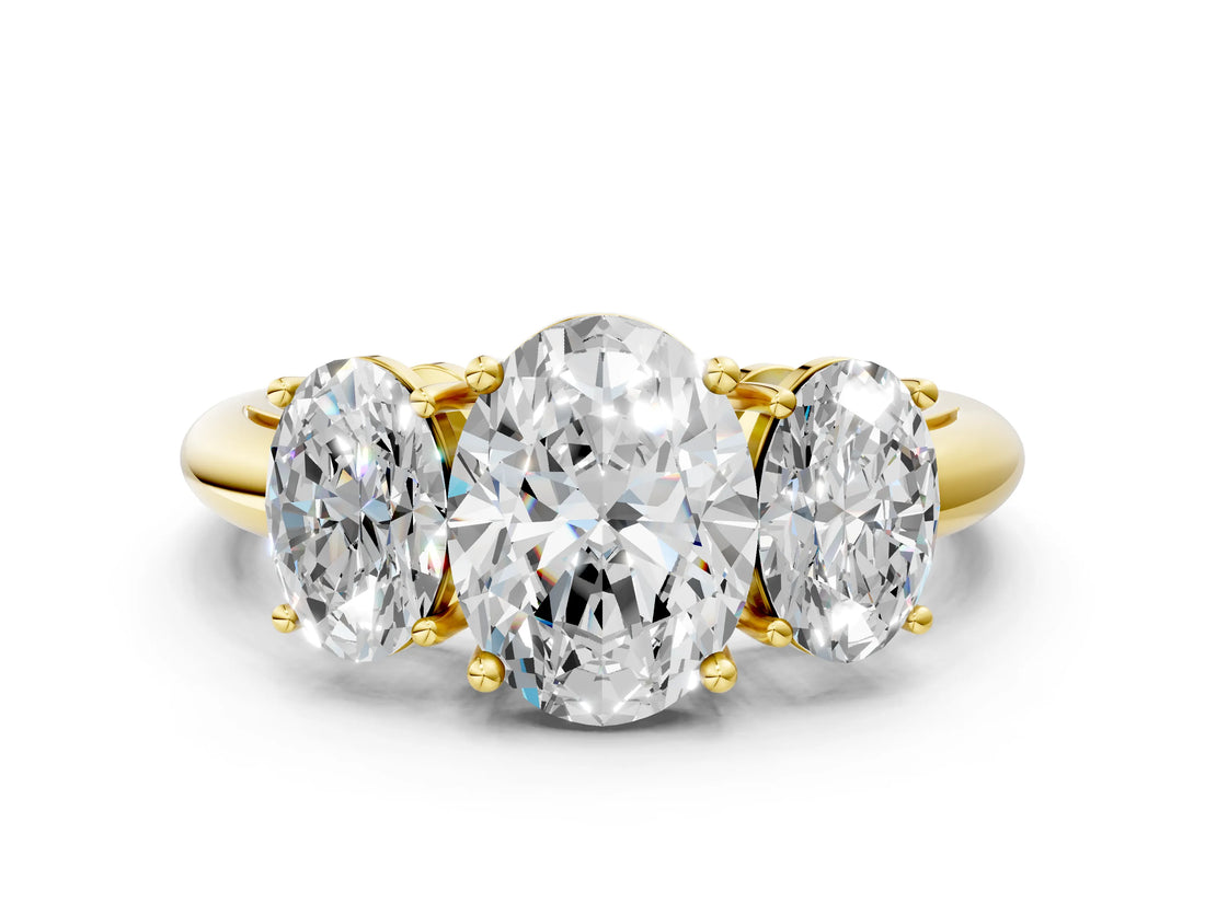 Yellow gold Three-Stone Oval Cut Diamond Engagement Ring with Prong Setting on a White Gold Band_30