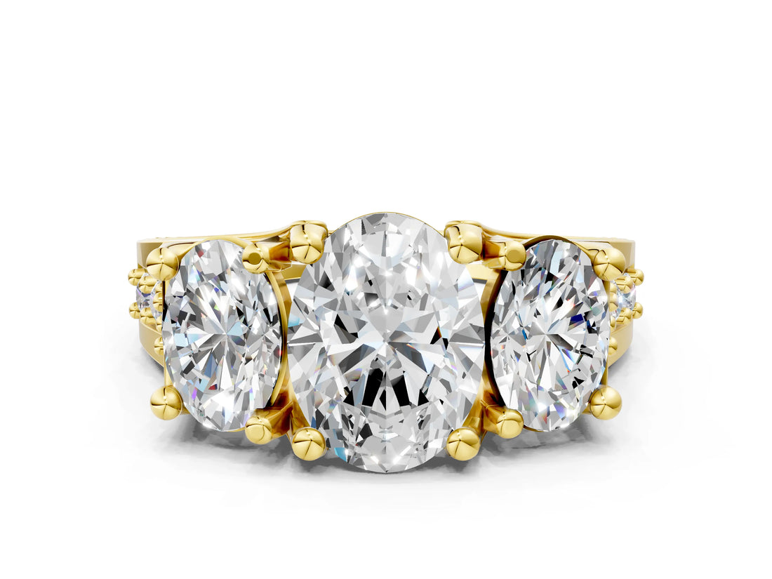 Yellow gold Three-Stone Oval Cut Diamond Ring with Channel-Set Band and Four-Prong Setting_61