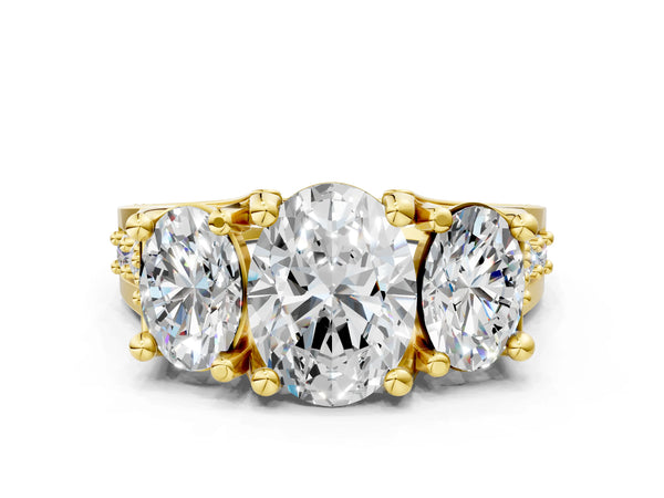 Yellow Gold Oval Three Stone Pave Engagement Ring Setting with Near-Equal Side Stones