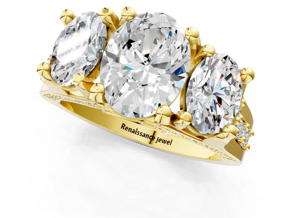 Yellow Gold Oval Three Stone Pave Engagement Ring Setting with Near-Equal Side Stones
