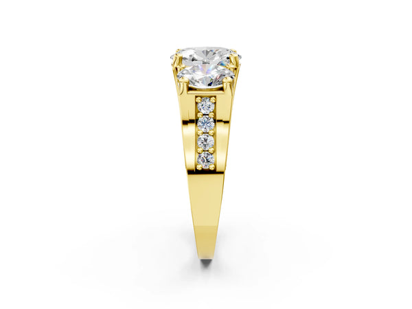 Yellow Gold Oval Three Stone Pave Engagement Ring Setting with Near-Equal Side Stones