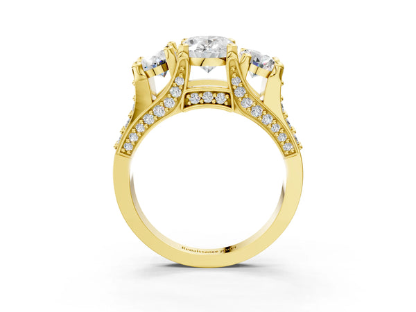 Yellow Gold Oval Three Stone Pave Engagement Ring Setting with Near-Equal Side Stones