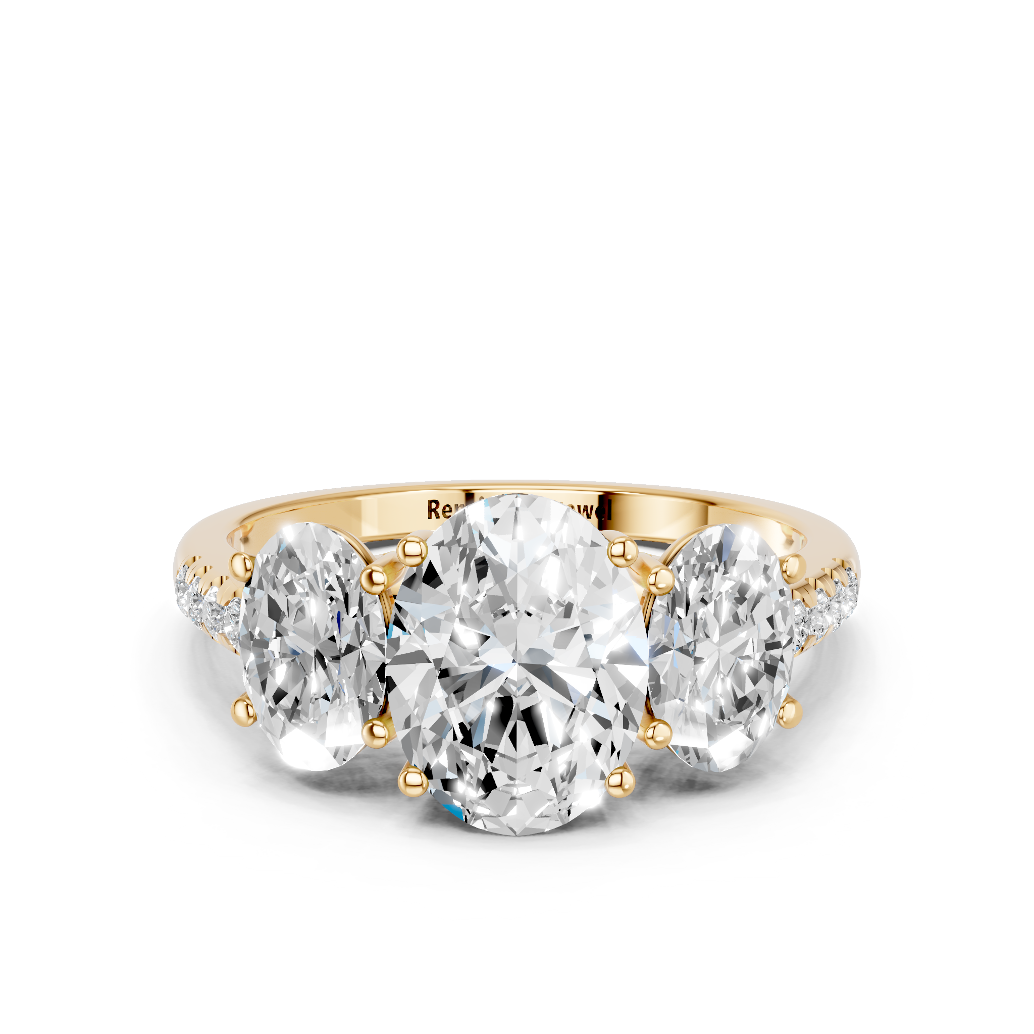 Yellow gold Three-Stone Oval Cut Diamond Ring with Pavé Band and Prong Setting_12
