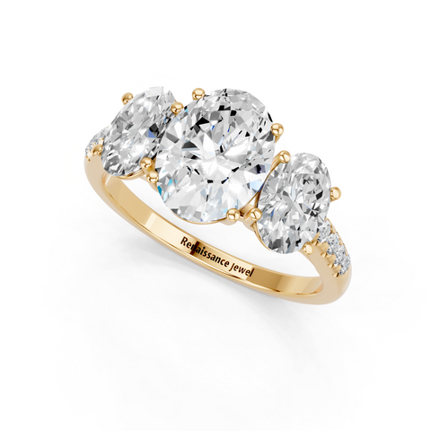 Yellow gold Three-Stone Oval Cut Diamond Ring with Pavé Band and Prong Setting_4