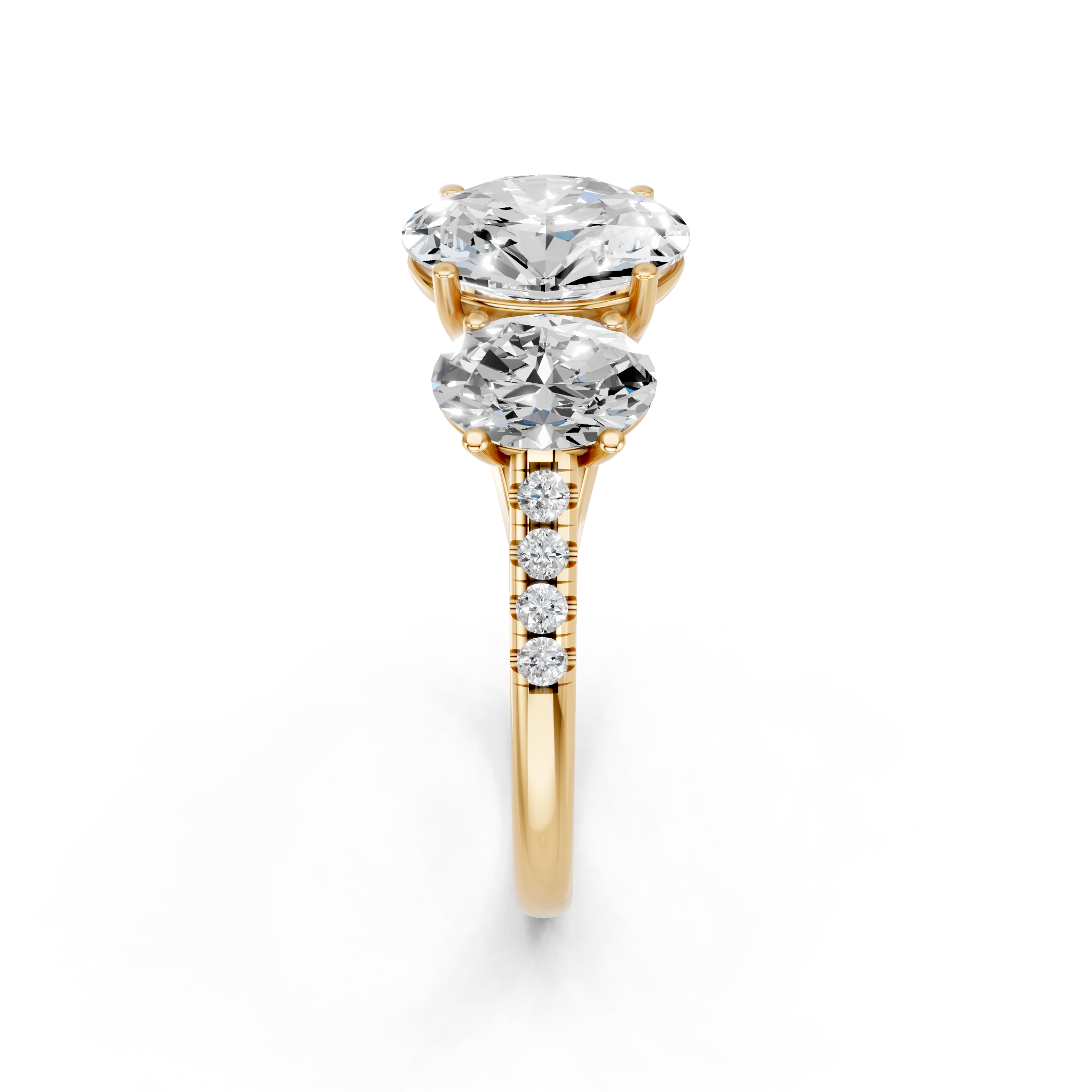 Yellow gold Three-Stone Oval Cut Diamond Ring with Pavé Band and Prong Setting_5