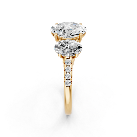 Yellow gold Three-Stone Oval Cut Diamond Ring with Pavé Band and Prong Setting_5