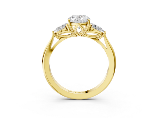 Yellow gold Three-Stone Oval Cut Diamond Ring with Pear Side Stones in Four-Prong Setting