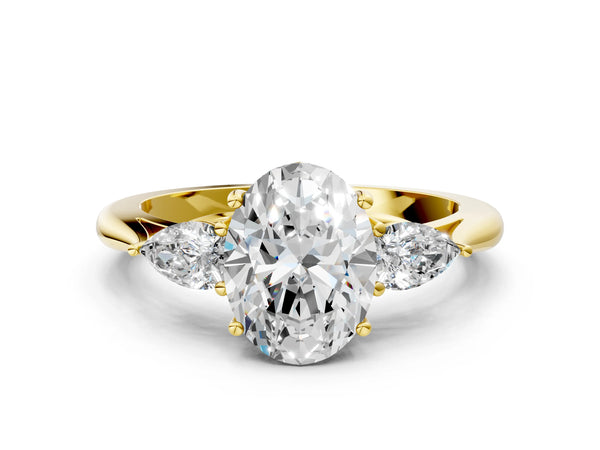 Yellow gold Three-Stone Oval Cut Diamond Ring with Pear  Side Stones in Four-Prong Setting
