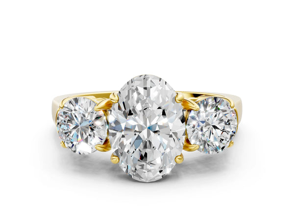 18K Yellow Gold Three-Stone 2.03 Carat E VVS1 Oval Cut Diamond Ring with Round Accent Stones, Prong Setting, and Classic Band