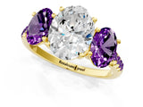 Yellow gold Three-Stone Oval Cut Diamond Ring with Round with Amethyst side stone Pavé Band and Prong Setting_1