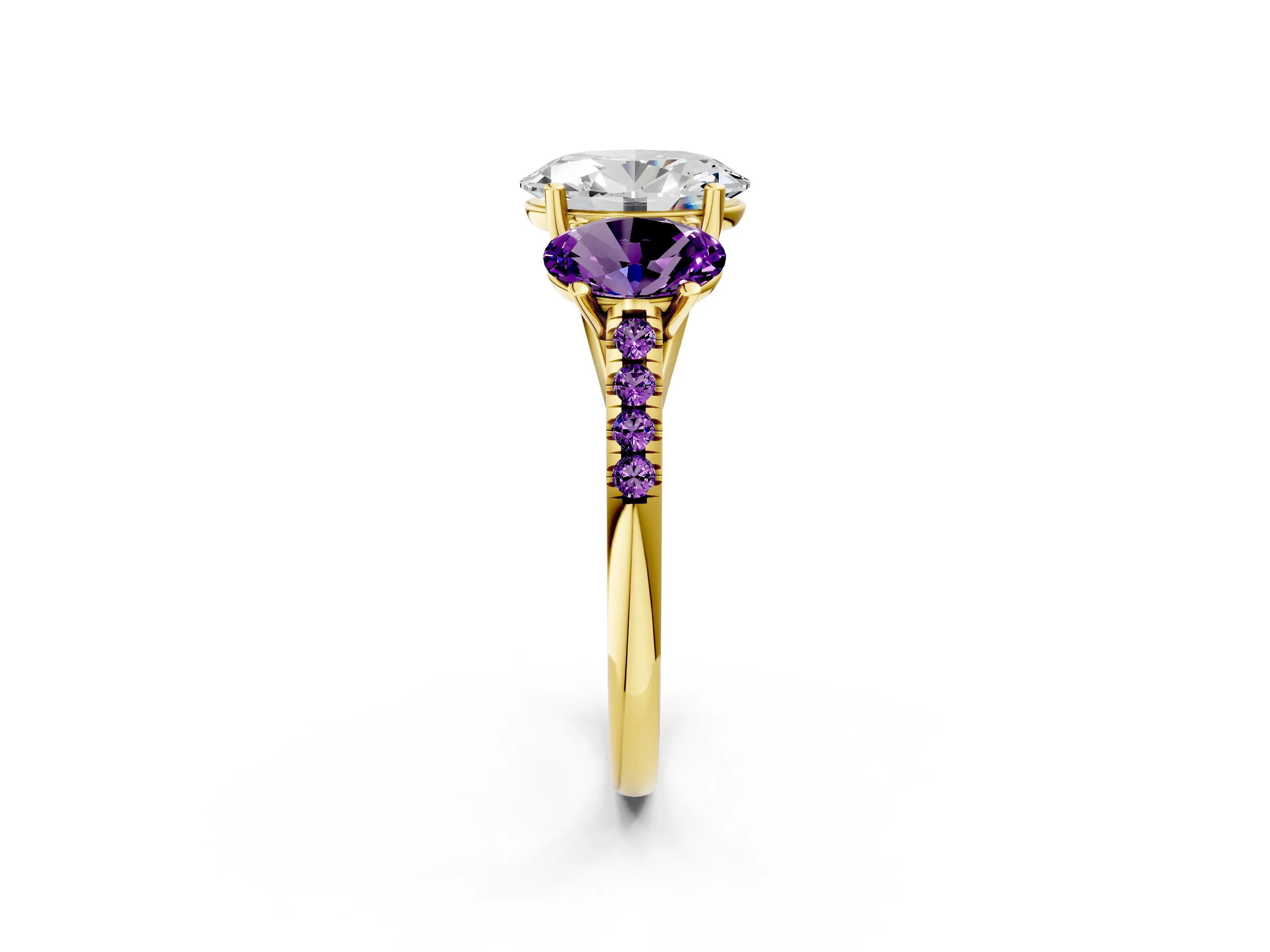 Yellow gold Three-Stone Oval Cut Diamond Ring with Round with Amethyst side stone Pavé Band and Prong Setting_2