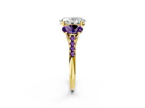 Yellow gold Three-Stone Oval Cut Diamond Ring with Round with Amethyst side stone Pavé Band and Prong Setting_2