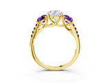 Yellow gold Three-Stone Oval Cut Diamond Ring with Round with Amethyst side stone Pavé Band and Prong Setting_3