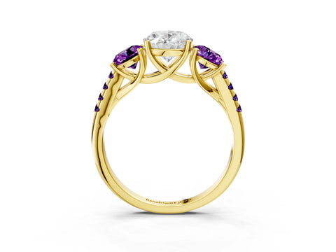 Yellow gold Three-Stone Oval Cut Diamond Ring with Round with Amethyst side stone Pavé Band and Prong Setting_3