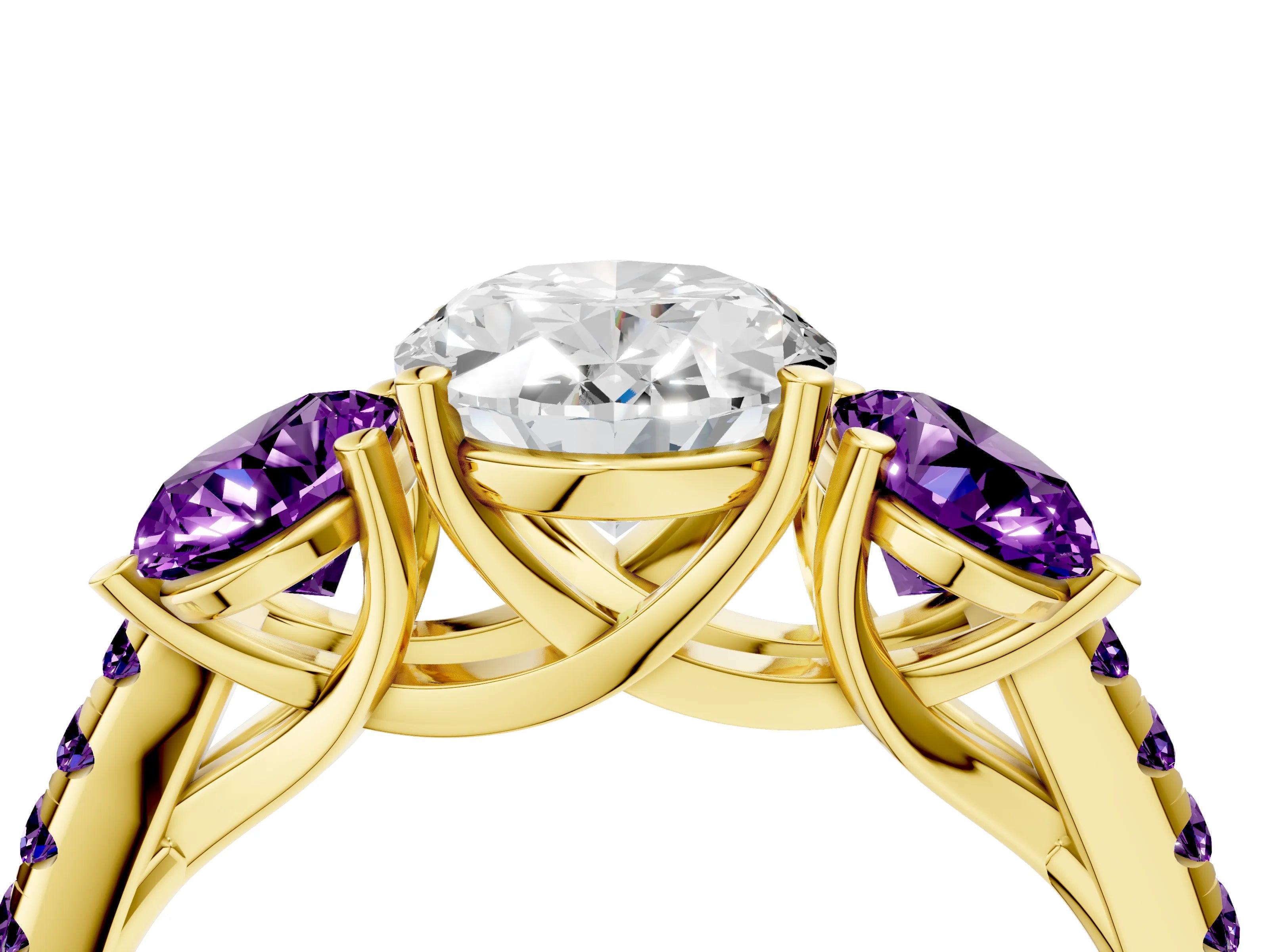 Yellow gold Three-Stone Oval Cut Diamond Ring with Round with Amethyst side stone Pavé Band and Prong Setting_4