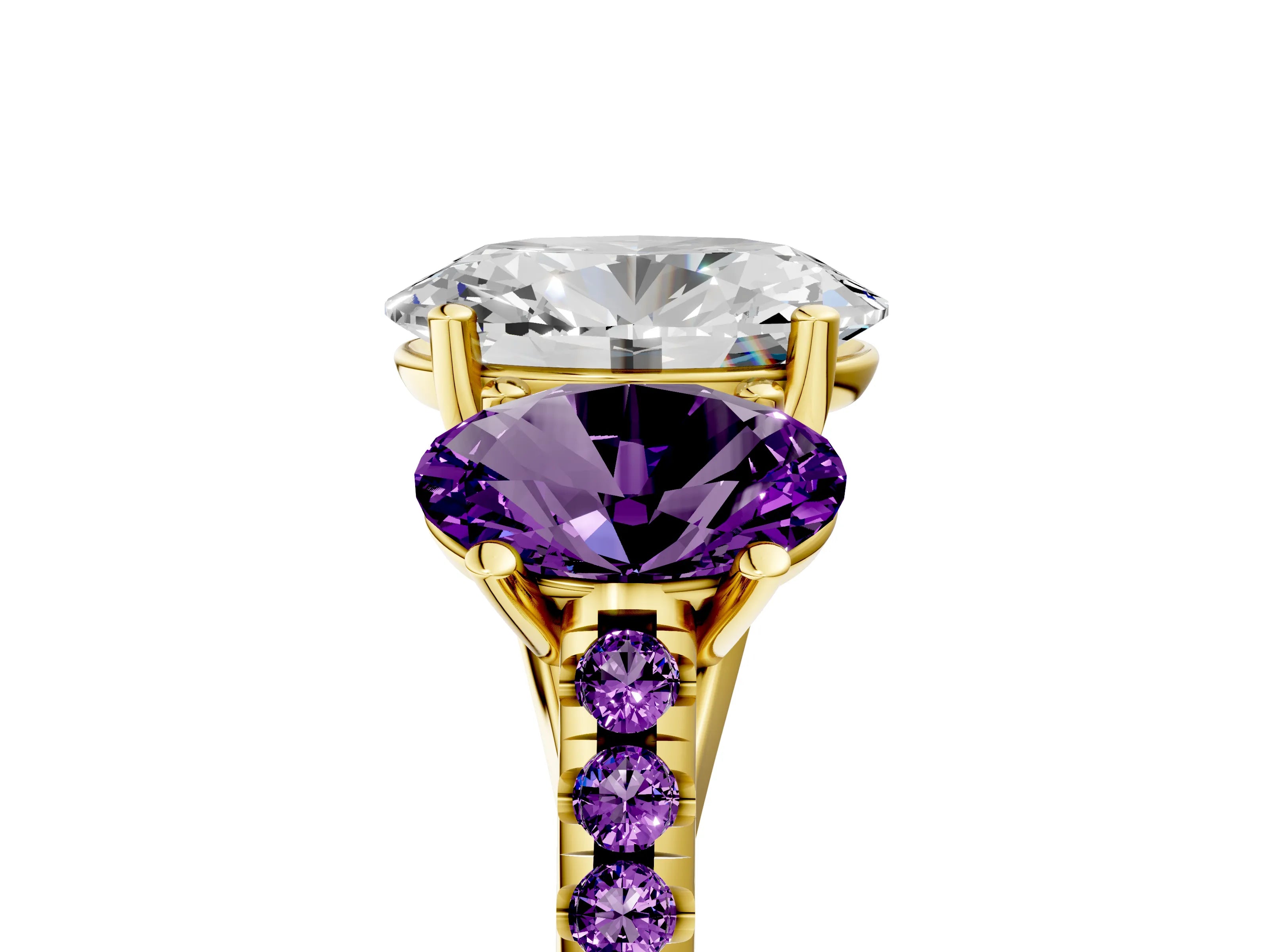 Yellow gold Three-Stone Oval Cut Diamond Ring with Round with Amethyst side stone Pavé Band and Prong Setting_5