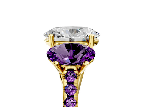 Yellow gold Three-Stone Oval Cut Diamond Ring with Round with Amethyst side stone Pavé Band and Prong Setting_5