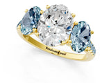 Yellow gold Three-Stone Oval Cut Diamond Ring with Round with Aquamarine side stone Pavé Band and Prong Setting_1