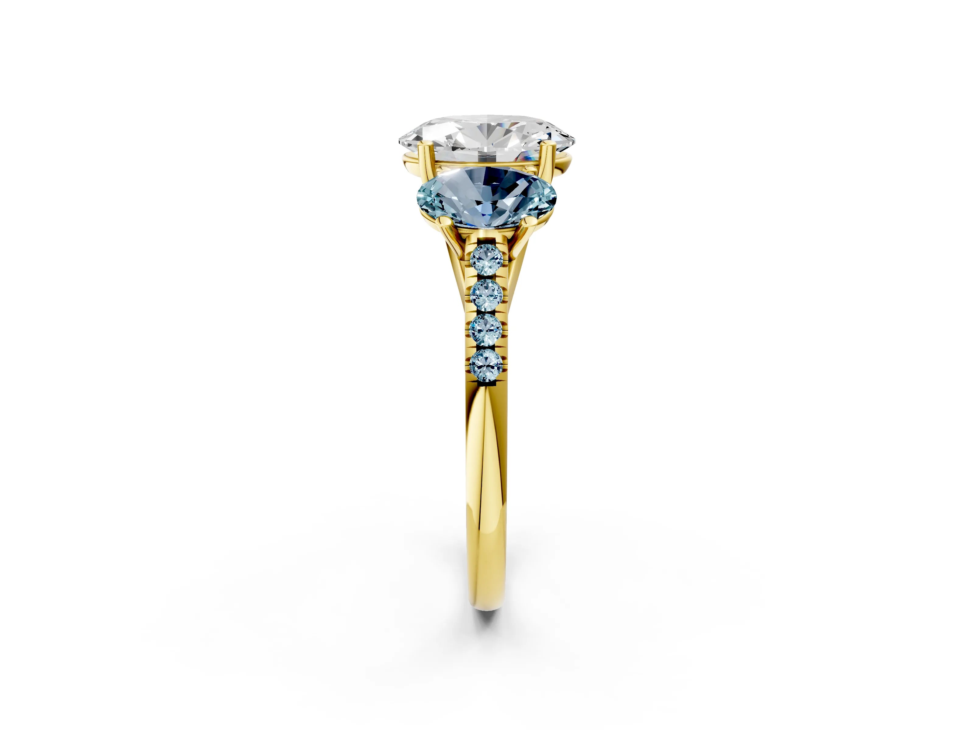 Yellow gold Three-Stone Oval Cut Diamond Ring with Round with Aquamarine side stone Pavé Band and Prong Setting_2