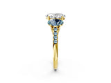 Yellow gold Three-Stone Oval Cut Diamond Ring with Round with Aquamarine side stone Pavé Band and Prong Setting_2