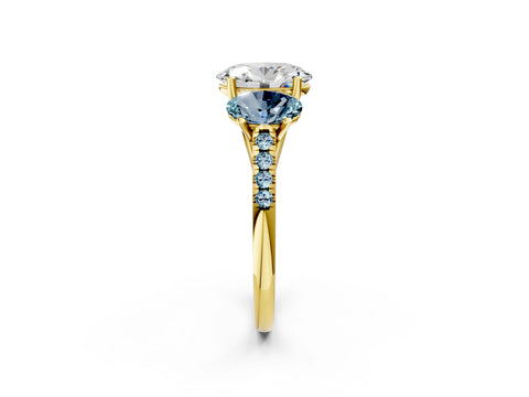 Yellow gold Three-Stone Oval Cut Diamond Ring with Round with Aquamarine side stone Pavé Band and Prong Setting_2