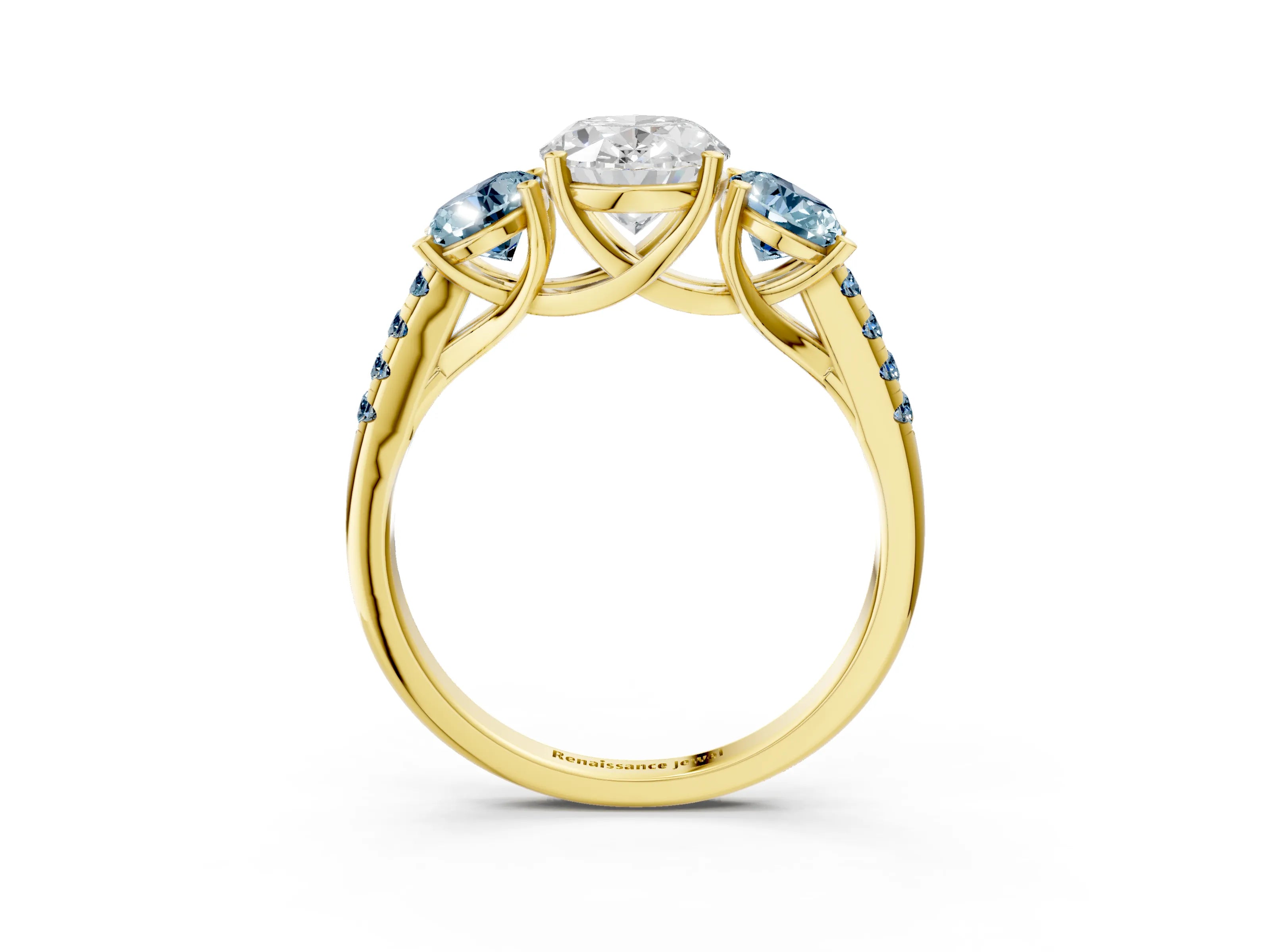 Yellow gold Three-Stone Oval Cut Diamond Ring with Round with Aquamarine side stone Pavé Band and Prong Setting_3