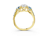 Yellow gold Three-Stone Oval Cut Diamond Ring with Round with Aquamarine side stone Pavé Band and Prong Setting_3