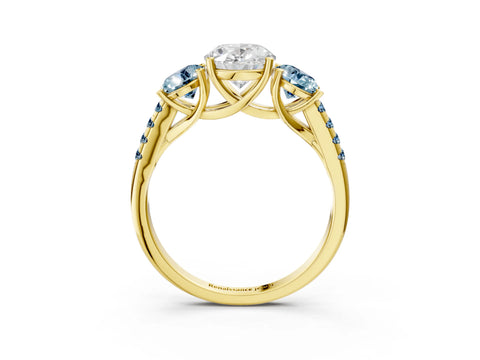 Yellow gold Three-Stone Oval Cut Diamond Ring with Round with Aquamarine side stone Pavé Band and Prong Setting_3