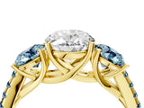 Yellow gold Three-Stone Oval Cut Diamond Ring with Round with Aquamarine side stone Pavé Band and Prong Setting_4