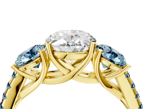 Yellow gold Three-Stone Oval Cut Diamond Ring with Round with Aquamarine side stone Pavé Band and Prong Setting_4
