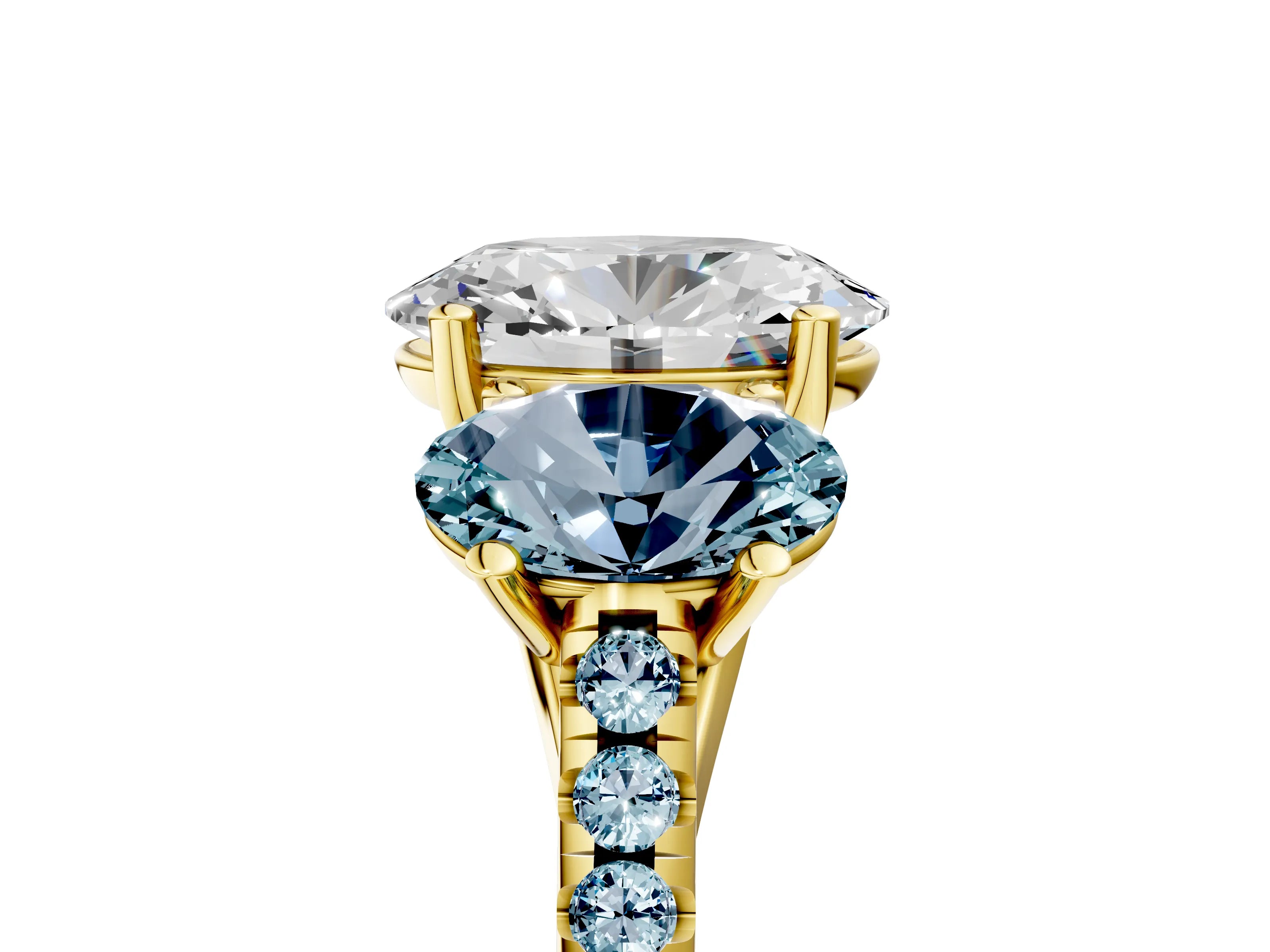 Yellow gold Three-Stone Oval Cut Diamond Ring with Round with Aquamarine side stone Pavé Band and Prong Setting_5