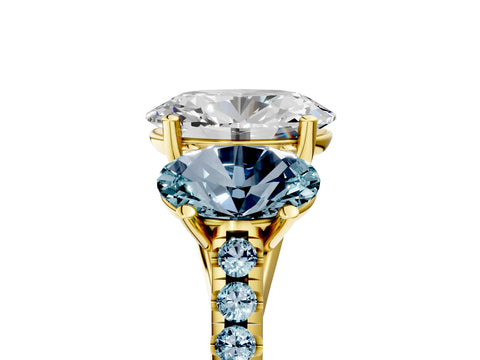 Yellow gold Three-Stone Oval Cut Diamond Ring with Round with Aquamarine side stone Pavé Band and Prong Setting_5
