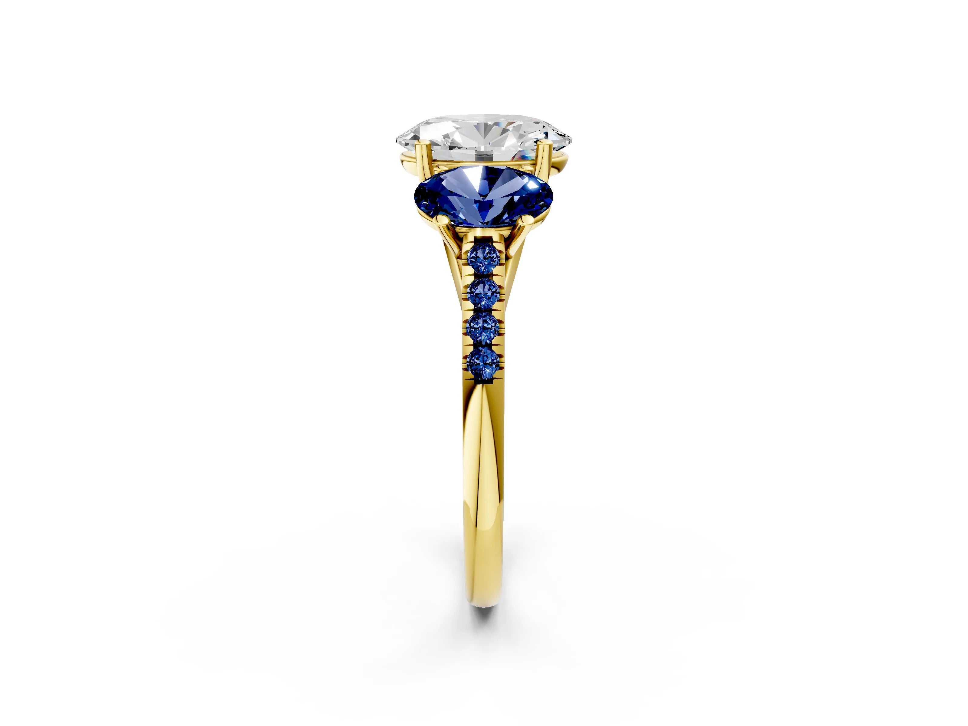 Yellow gold Three-Stone Oval Cut Diamond Ring with Round with Blue Sapphire side stone Pavé Band and Prong Setting_2