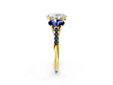 Yellow gold Three-Stone Oval Cut Diamond Ring with Round with Blue Sapphire side stone Pavé Band and Prong Setting_2