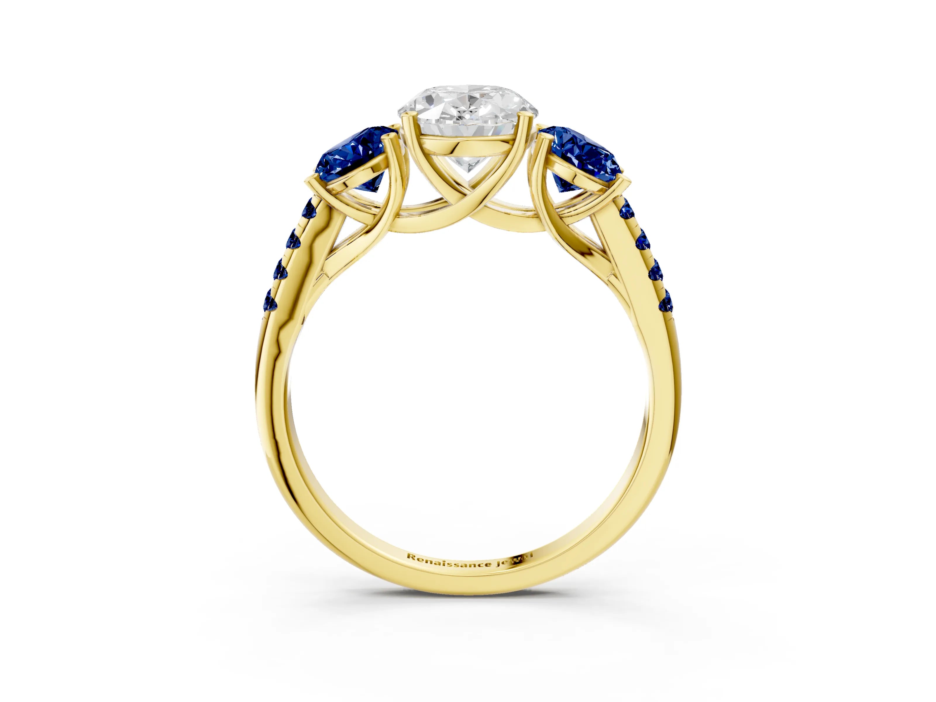 Yellow gold Three-Stone Oval Cut Diamond Ring with Round with Blue Sapphire side stone Pavé Band and Prong Setting_3