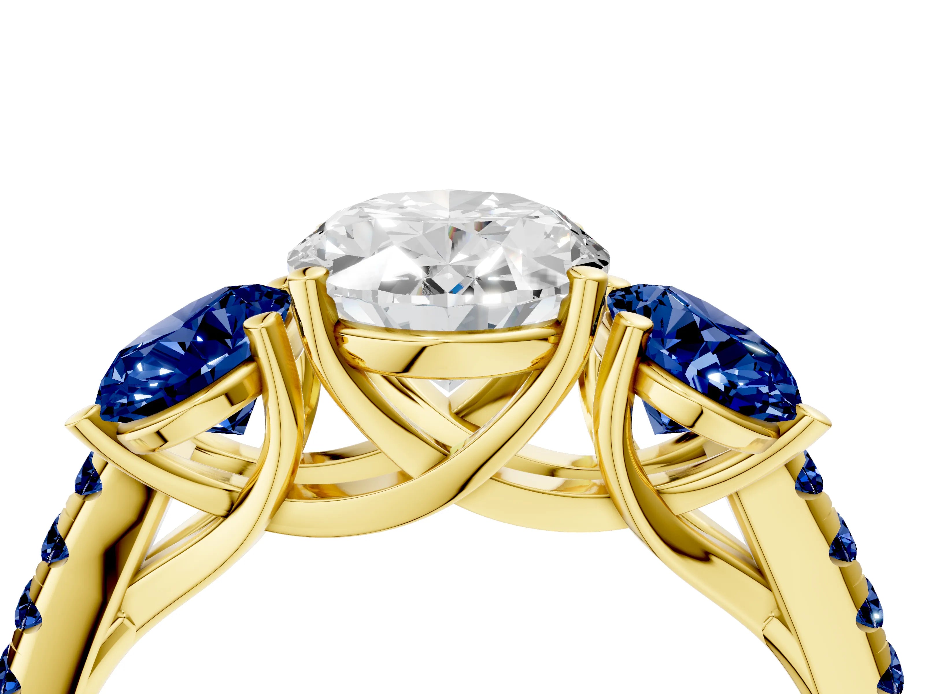 Yellow gold Three-Stone Oval Cut Diamond Ring with Round with Blue Sapphire side stone Pavé Band and Prong Setting_4