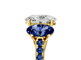 Yellow gold Three-Stone Oval Cut Diamond Ring with Round with Blue Sapphire side stone Pavé Band and Prong Setting_5