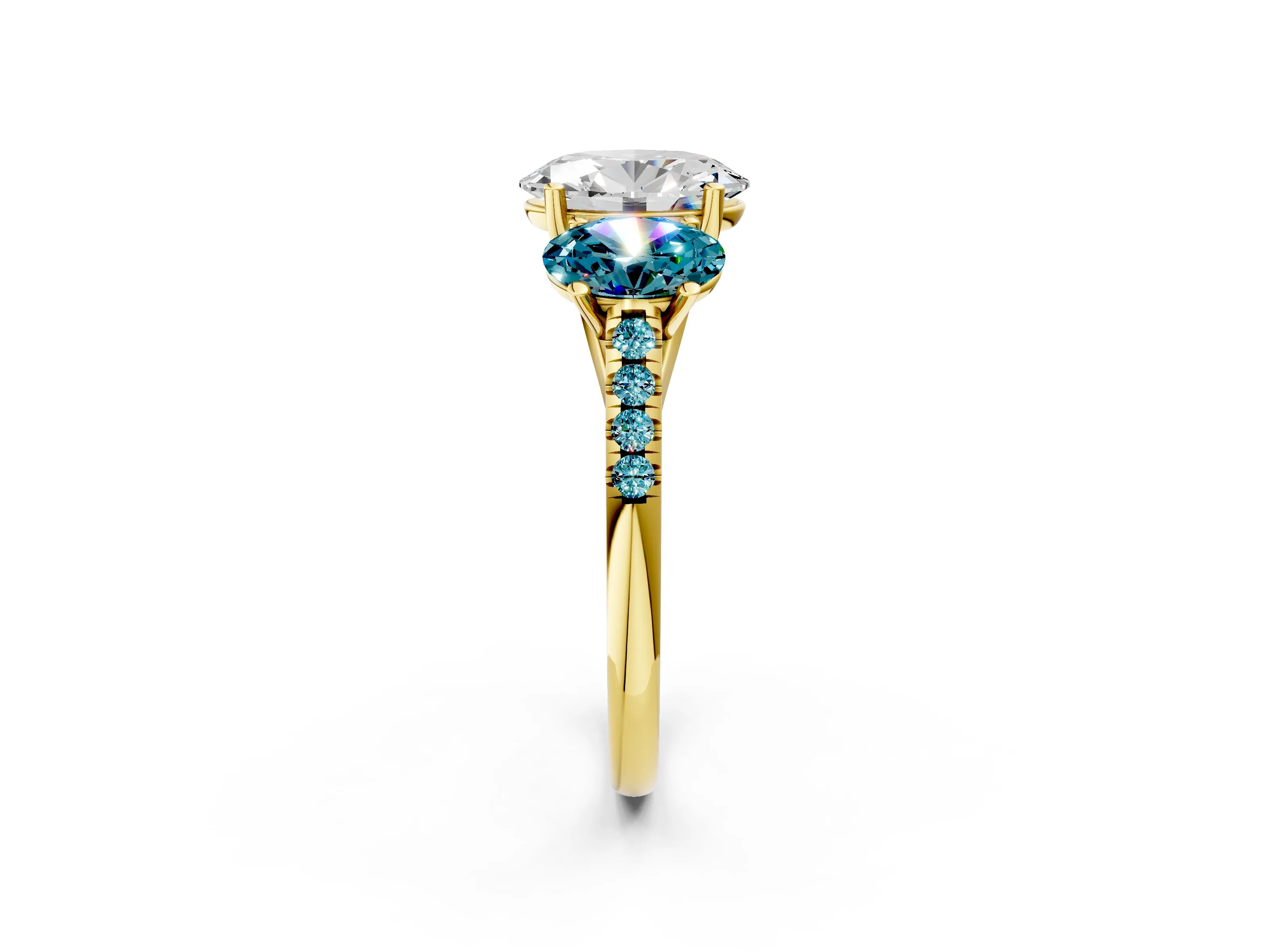 Yellow gold Three-Stone Oval Cut Diamond Ring with Round with Blue Topaz side stone Pavé Band and Prong Setting_2