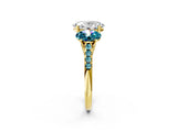 Yellow gold Three-Stone Oval Cut Diamond Ring with Round with Blue Topaz side stone Pavé Band and Prong Setting_2