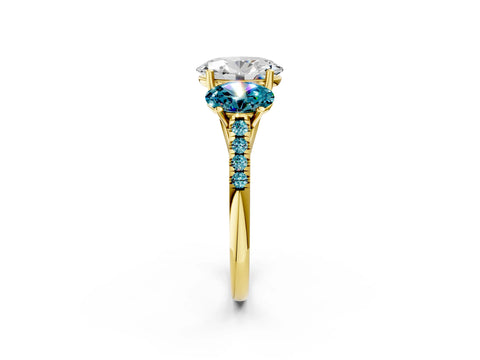 Yellow gold Three-Stone Oval Cut Diamond Ring with Round with Blue Topaz side stone Pavé Band and Prong Setting_2