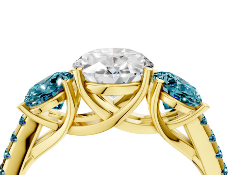 Yellow gold Three-Stone Oval Cut Diamond Ring with Round with Blue Topaz side stone Pavé Band and Prong Setting_4