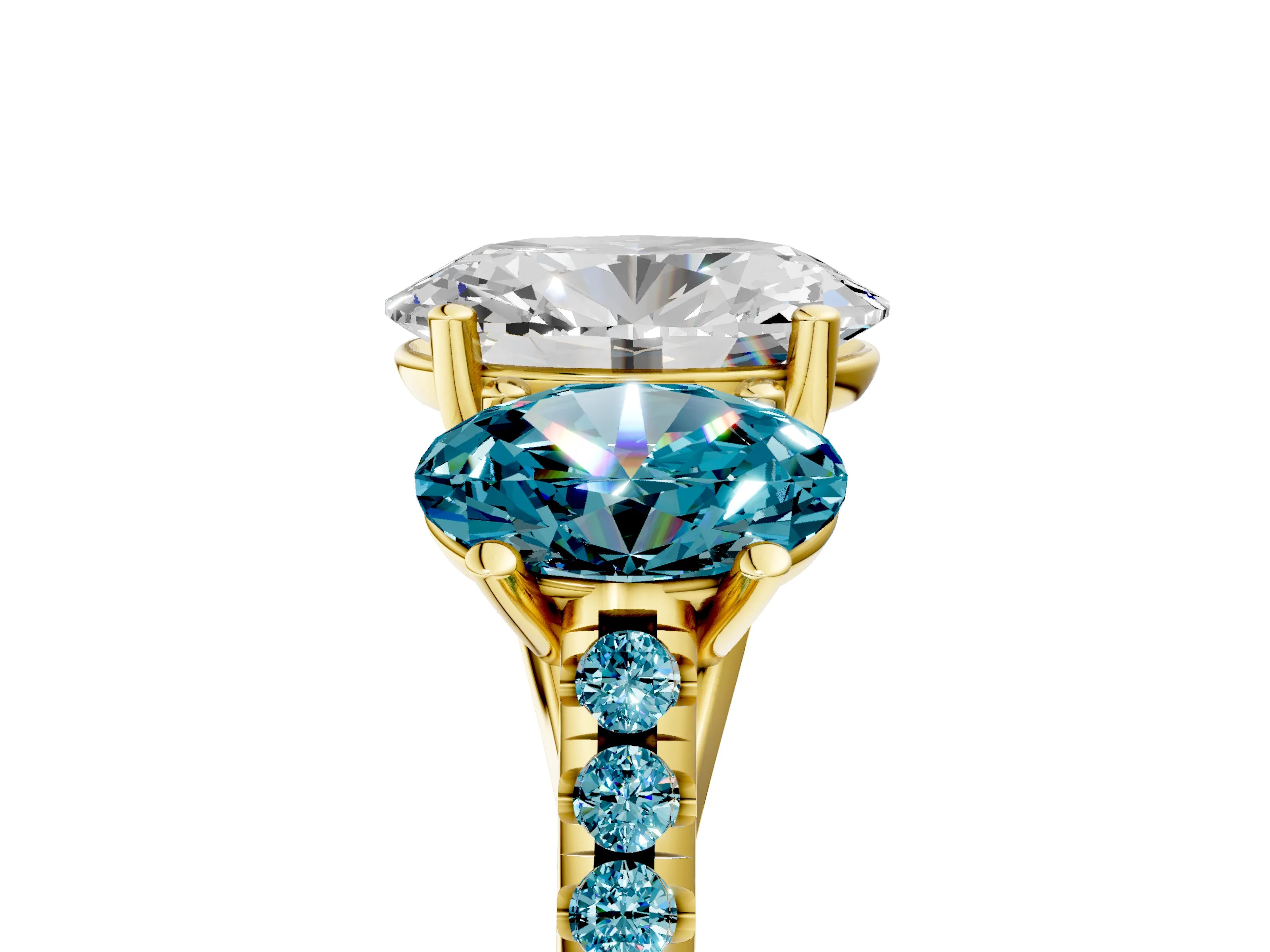 Yellow gold Three-Stone Oval Cut Diamond Ring with Round with Blue Topaz side stone Pavé Band and Prong Setting_5