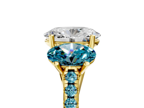 Yellow gold Three-Stone Oval Cut Diamond Ring with Round with Blue Topaz side stone Pavé Band and Prong Setting_5