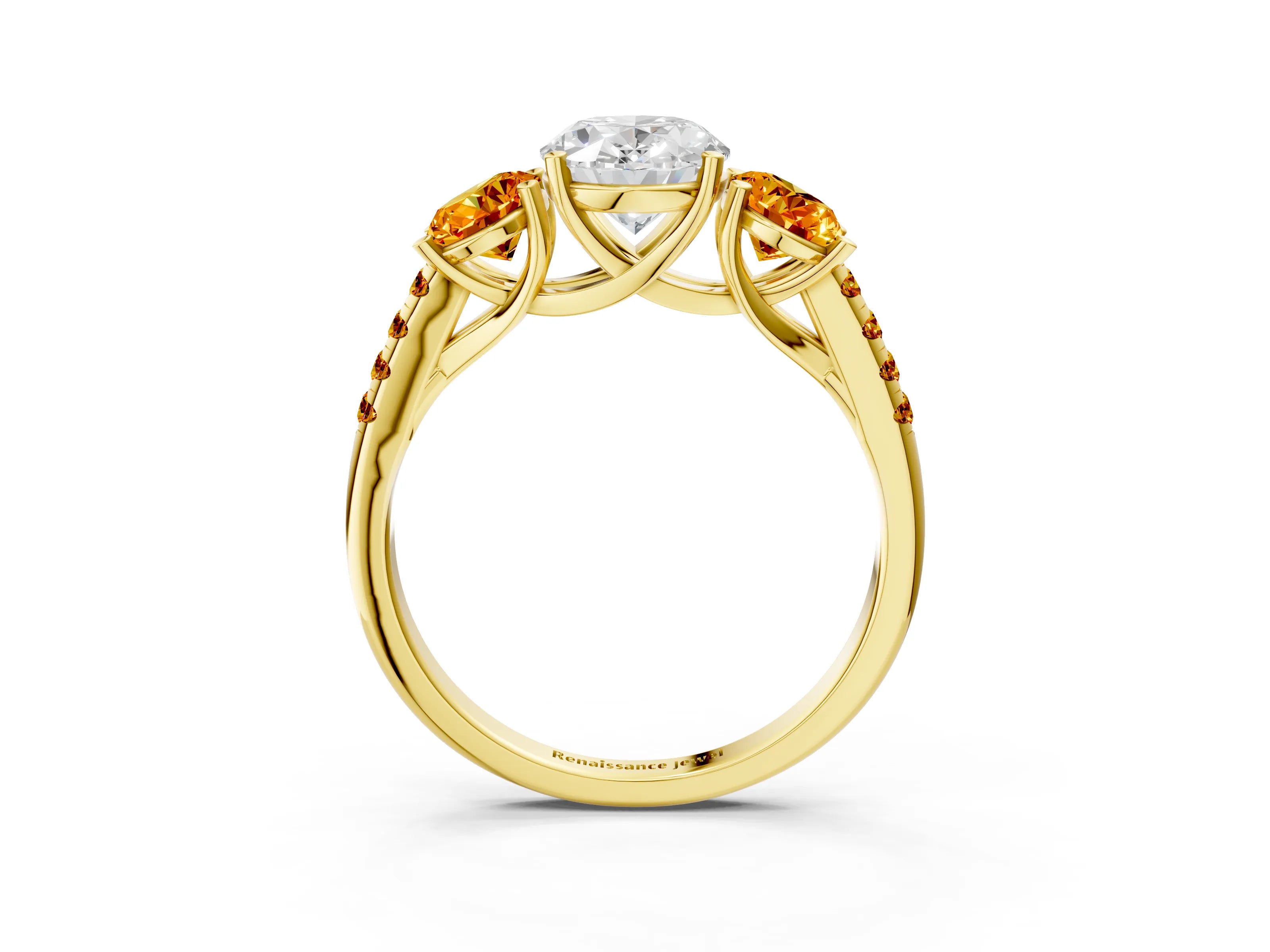 Yellow gold Three-Stone Oval Cut Diamond Ring with Round with Citrine side stone Pavé Band and Prong Setting_3