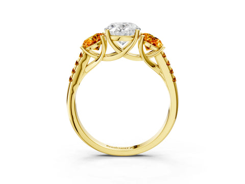 Yellow gold Three-Stone Oval Cut Diamond Ring with Round with Citrine side stone Pavé Band and Prong Setting_3