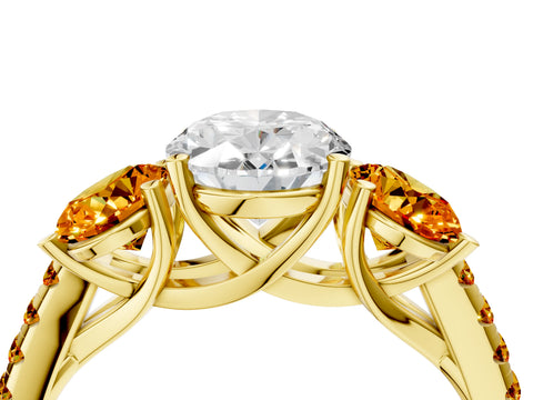 Yellow gold Three-Stone Oval Cut Diamond Ring with Round with Citrine side stone Pavé Band and Prong Setting_4